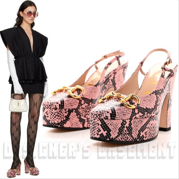 GUCCI pink Python print Calfskin 38.5-8.5 gold Horsebit slingback platform shoes - Picture 2 of 10
